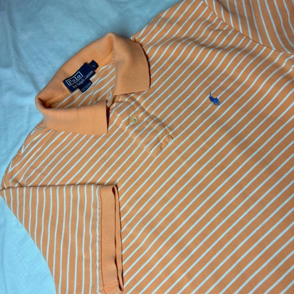 Polo Ralph Lauren Mens Large Orange White Striped Short Sleeve Pique Polo Shirt